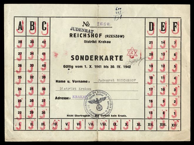 The front side of a special ration card [Sonderkarte] issued to the Jewish Council of Rzeszow
